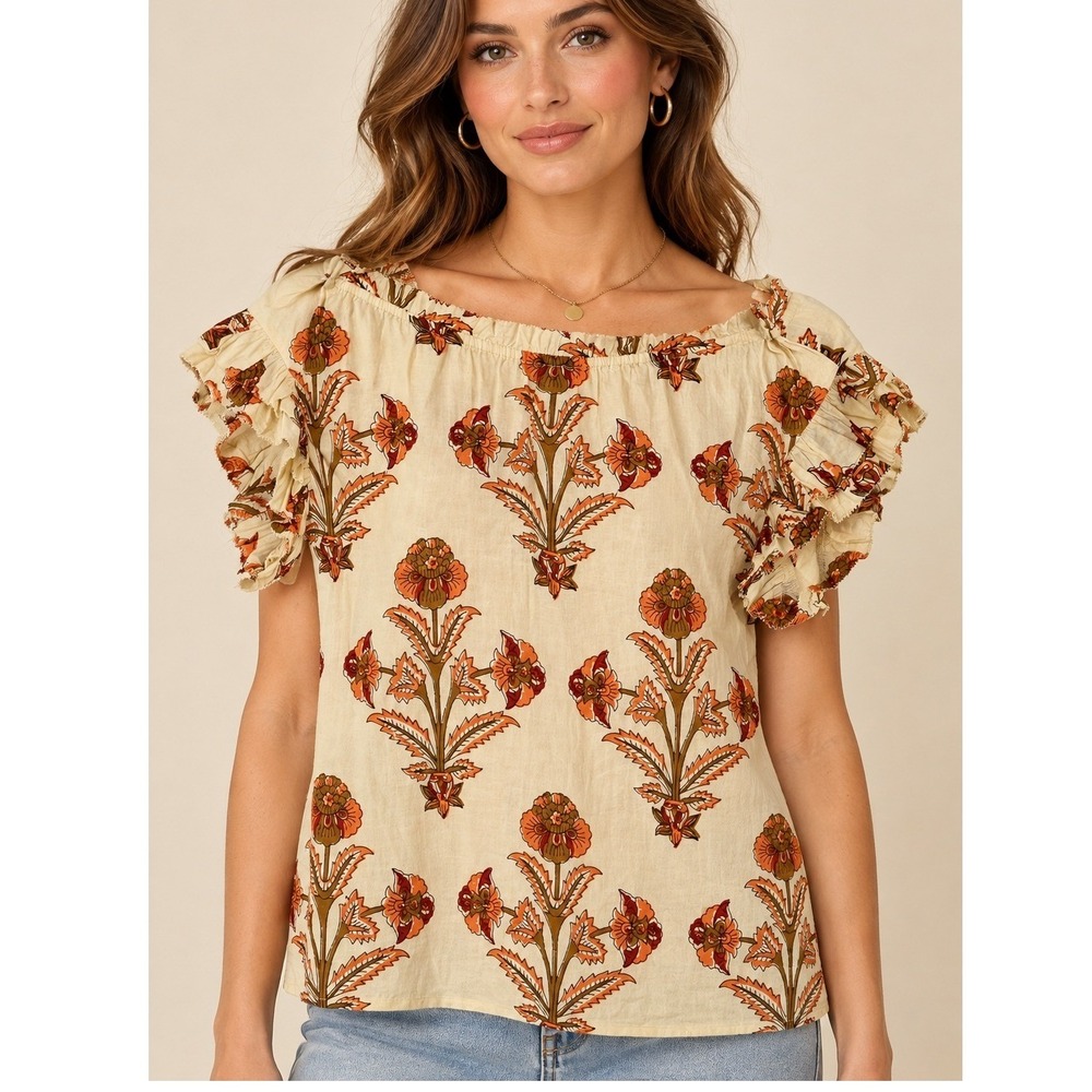 THML Indian Block Print Flutter Sleeve Blouse Womens Medium Cream Orange Floral